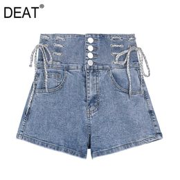 [DEAT] Summer Fashion Solid Color High Waist Single-breasted Drawstring Personality Women Denim Shorts 13C984 210527