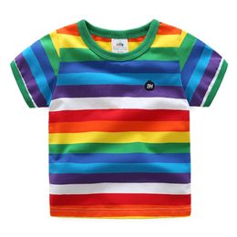 Summer Fashion 2 3 4 5 6 7 8 9 10 Years Colourful Handsome Stripe Kids Baby Boys Girls Rainbow Short Sleeve Cotton T Shirt 210414