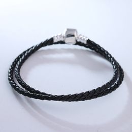 Black Color Leather Women Men Classic Signature Clasp Silver 925 Jewelry Braided Rope Charms Bracelets DIY Making