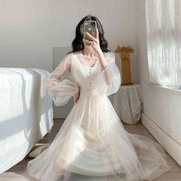 Dresses women Fashion sweet lace A-Line Chiffon Voile Mesh Lantern Sleeve Empire Stand White Dress blusas dress 66E 210420