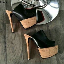 Rontic 100% Handmade Women Mules Sandals Matt Cork Sexy Stiletto Heels Peep Toe Elegant Black Dress Shoes Ladies US Size 5-20