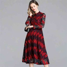 HIGH QUALITY Spring Lace Dress Work Casual Slim Fashion O-neck Sexy Hollow Out Green Red Dresses Women Vintage Vestidos 210603