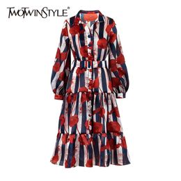 Vintage Print Floral Dress For Women Lapel Puff Long Sleeve High Waist Sashes Striped Spring Dresses Female 210520
