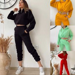 Ladies Long Sleeve 2 Pieces Sets Casual O-Neck Slim Women Outfits Fashion Solid Colour Hoodie Sports Suit Tracksuit Women Y0625
