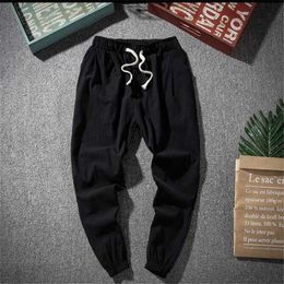 Men Cotton Linen Harem Trousers 2021 Summer Solid High Drawstring Waist Ankle-Length Pants Large Size M-6XL 7XL X0723