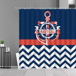 Shower Curtains Blue Red Geometry Stripe Nautical Theme Anchor Curtain Nordic Mediterranean Style Boy Child Home Bathroom Decor