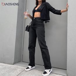 Damenhose Jean High Waist Mom Baggy Loose Y2k Black Fashion Straight Denim Hose Streetwear 220216