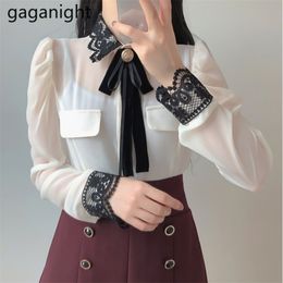 Korean Women Chiffon Shirt Long Sleeve Fashion Office Lady Spring Formal Shirts Chic Lace Outwear Tops Blusas 210601
