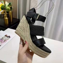 Diseñador de moda para mujer sandalias de tacón alto wallash zapatero sexy zapatos de tacón alto cuerda de cáñamo tejido suela gruesa sandalias de tacón pendiente de cuero