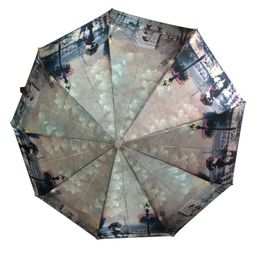 Automatic 3Fold 23"9K Umbrella Rain Women Satin Fabric Oil Painting Strong Frame Colorful Waterproof Windproof 210401