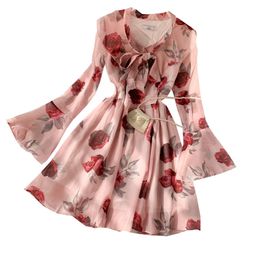 Sweet Lace-up Bow Neck Ruffled Chiffon Dress Women Long Flare Sleeve Print Elegant Vestidos H994 210527