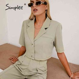 Blazer top high waist straight shorts women suits Summer short-sleeved set Green Grey short female jumpsuit 210414