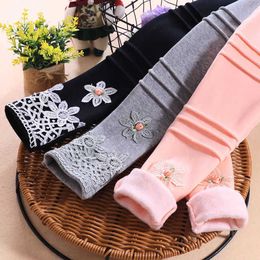 Arrival Kids Pants Girls Leggings Autumn Winter Cotton Velvet Lace Flower Skinny Pants Children Clothes Girl Trousers 210713