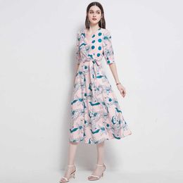 Women Summer Designer Elegant Polka Dot Floral Print V Neck Sexy Party Robe Female Vintage Pink Casual Dresses Vestidos 210525