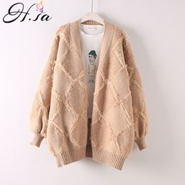 H.SA Women Warm Sweater and V Neck Latern Sleeve Geometric Knit Jacket Spring Coat Long Cardigans Poncho Femme 210417