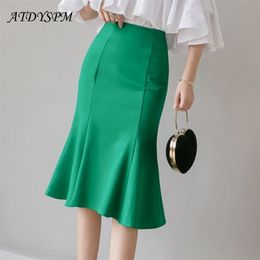 Elegant Women Mermaid Skirts High Waist Stitching All-Match Casual Plus Size Office Lady Stretch Green Black Midi 210621