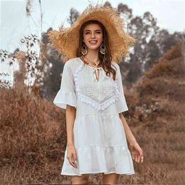 Foridol Crochet Tassel White Summer Dress Vintage Bohemian Short Dress New Casual Beach Holiday Dress Vestidos 210415