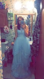 Beautiful Baby Blue Long Prom Dress Lace Tulle Sleeveless Event Wear Party Gown Custom Made Plus Size Available