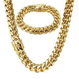 10mm 12mm Men Women Hiphop Cuban Link Chain Necklace Bracelet 316L Stainless Steel High Polished Casting Jewellery Sets Choker Chains Double Safety Clasps