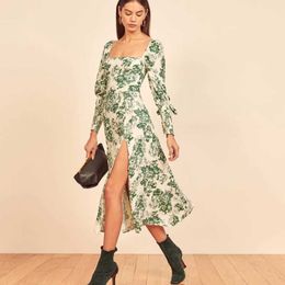 INSPIRED green Floral Long Sleeve Tie Front High Slit Dress for women vintage spring summer dress ruched bust dress 210412
