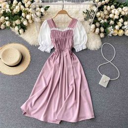 Women Square Neck Short Sleeve Contrast Stitching Elastic Waist Slim Sweet Wood Ear A-line Dress Summer Vestidos S333 210527