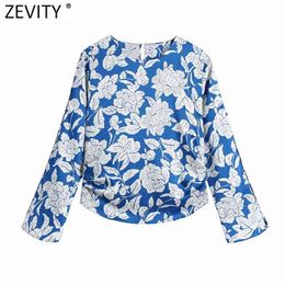 Women Vintage Blue Floral Print Side Pleated Smock Blouse Office Ladies Flare Sleeve Shirts Chic Blusas Tops LS7707 210420