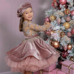 Customise Flower Girl's Dresses Illusion Long Sleeve Lace Beading Velvet Puff Skirt Pageant Gowns Girl Birthday Party Dress