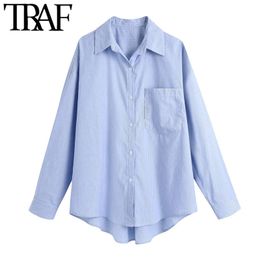 TRAF Women Fashion Oversized Striped Asymmetric Blouse Vintage Long Sleeve Button-up Female Shirts Blusas Chic Tops 210415