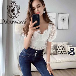 Dabuwawa Sexy Lace Trim Slim Fitted White Blouse Women Classy Solid Square Neck Puff Sleeve Shirts Ladies Tops DT1BLA005 210520