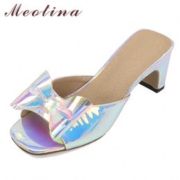 Meotina Women Shoes Bow High Heel Slippers Square Toe Block Heels Ladies Slides Summer Sandals Female Golden Sliver Size 33-46 210608