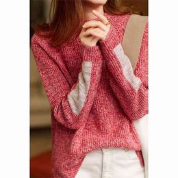 Autumn And Winter Clip Red Colour Matching Sweater Shirt Women Loose Long Sleeves Wearing Pink Bottoming 210427
