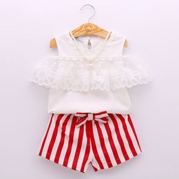 Summer Girls Clothes Set Fashion Style Children'sClothing Short Sleeves Top + Red Stripe Shorts 2Pcs Kid 210515