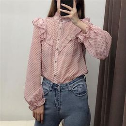 Women Chic Dots Pink Print Blouse Ruffled Collar Long Sleeve Office Wear Female Shirt See Through Chiffon Top Blusas Women's Blouses & Shirt