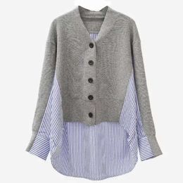 Qooth Women Tops Grey V-Neck Patchwork Stripe Long Sleeve Shirt Office Blusas Femininas harajuku Blouse Knitted QT503 210609