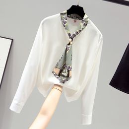 Ladies Top Elegant Spring Autumn Pring V-neck Chiffon White Shirt Women's Long Sleeve Office OL Blouse shirt 813i 210420