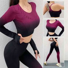 Ombre Yoga Set Seamless Suit Women Fitness outfit Workout Long Sleeve Top Leggings Gym Clothing Sportswear Sports Suits 210802