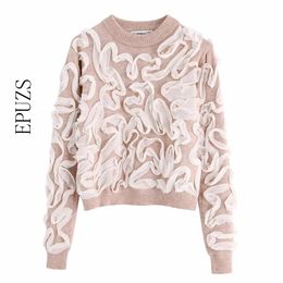 Vintage Trim ruffle Knitted Sweater Women Pullovers spring winter O Neck Long Sleeve crop sweater casual Chic Tops 210521