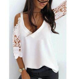 Women's Blouses & Shirts Sexy Lace Blouse Solid Color V-neck Hollow Out Sleeve Casual Plus Size Shirt Top Off Shoulder Elegant Office Tunic
