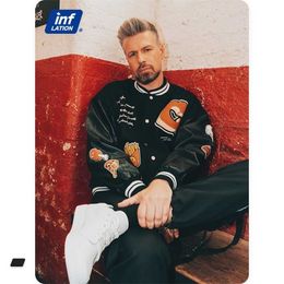 INFLATION High Quality Embroidery Baseball Varsity Jacket Men Black Leather Sleeve Bomber Winter Thick Fleece Outwear 211126