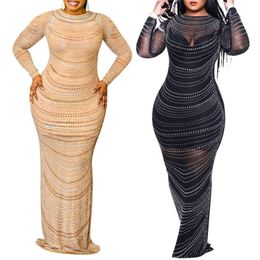 2 Piece Set Summer Bodycon Dress Women Long Sleeve Mesh Evening Party Long Maxi Dresses African Sexy Robe Femme Vestido Sundress 211116