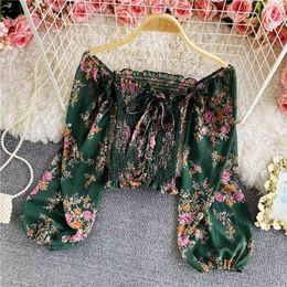 Summer women's Vintage Print floral chiffon shirt blouse tops womens chic sweet Ruffles swing strapless puff sleeve top 210420