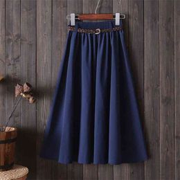 Vintage A-line Skirt With Belt Women Black Elastic High Waist Midi Korean Elegant Office Ladies Casual Clothes Streetwear 210421