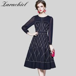 Spring Autumn Fashion Navy Blue Vintage Women Long Sleeve Mesh Patchwork Beading Embroidery Elegant Party Dress vestidos 210416