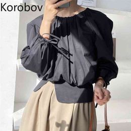 Korobov Women Solid Korean Blouses O Neck Puff Sleeve Female Shirts Summer New Fashion Streetwear Shirt 210430