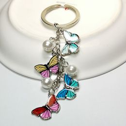 Fashion Colorful Butterfly Keyrings Phone Bag Purse School Bag Pearl Butterfly Pendant Alloy Keychains For Women Gifts