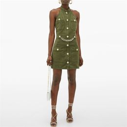 HIGH QUALITY est Fashion Designer Runway Dress Women's Lion Buttons Chain Green Cotton Backless Halter 210521