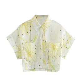 Women's Blouses & Shirts Baldauren 2021 Women Fashion With Pockets Daisy Print Cropped Vintage Short Sleeve Button-up Female Chic Tops