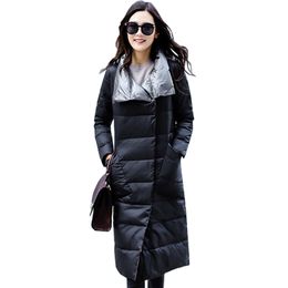 Women's Down Parkas Fltzz Winter Women Light Thin Jacket Office Lady Double Sided 90% White Duck Down Jackets Overknee Female Warm Outerwear 210423