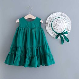 Girls Casual Cotton Beach Dress with Hat Lovely Children Ruffles Summer Clothing for Kids 210529