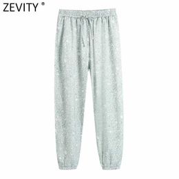 Zevity Women Fashion Floral Print Soft Satin Harem Pants Female Chic Elastic Waist Lace Up Casual Pleats Summer Trousers P1126 210603